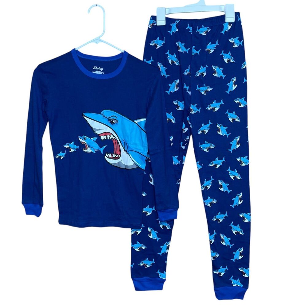 Shelry Shark Pajama Set Snug Fitted Long Sleeve Pants Blue Boys Size 12